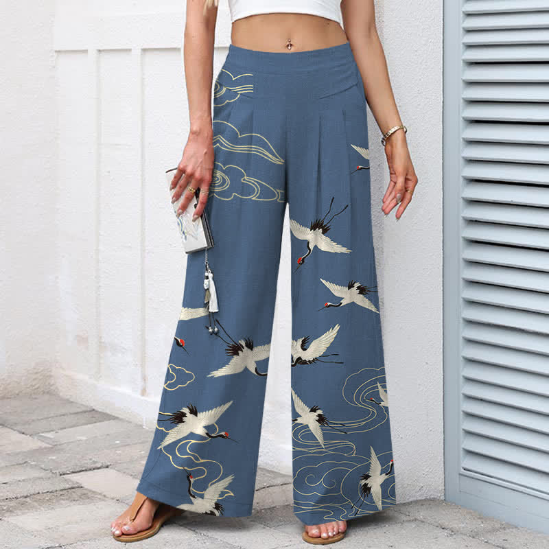 Buddha Stones Baumwoll-Leinen-Hose mit Kranich- und Wolkenmuster, Damenhose mit elastischem Bund, weitem Bein und Taschen - image 1