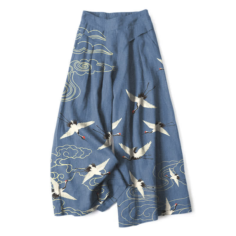 Buddha Stones Baumwoll-Leinen-Hose mit Kranich- und Wolkenmuster, Damenhose mit elastischem Bund, weitem Bein und Taschen - SteelBlue - US16, UK/AU20, EU48 (3XL) - image 0