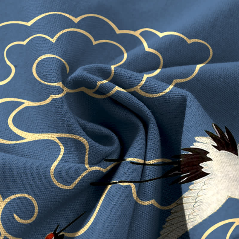 Buddha Stones Baumwoll-Leinen-Hose mit Kranich- und Wolkenmuster, Damenhose mit elastischem Bund, weitem Bein und Taschen - image 3