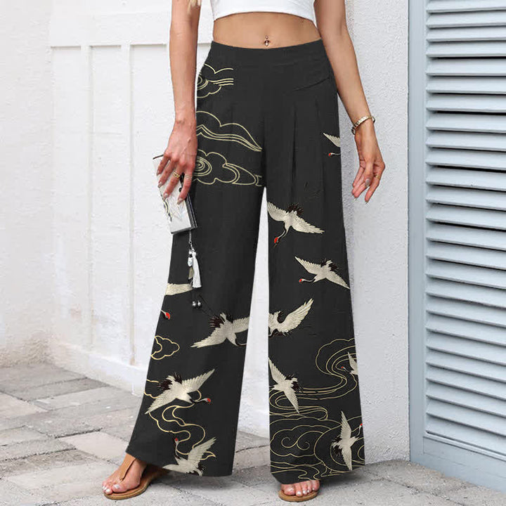 Buddha Stones Baumwoll-Leinen-Hose mit Kranich- und Wolkenmuster, Damenhose mit elastischem Bund, weitem Bein und Taschen - image 5