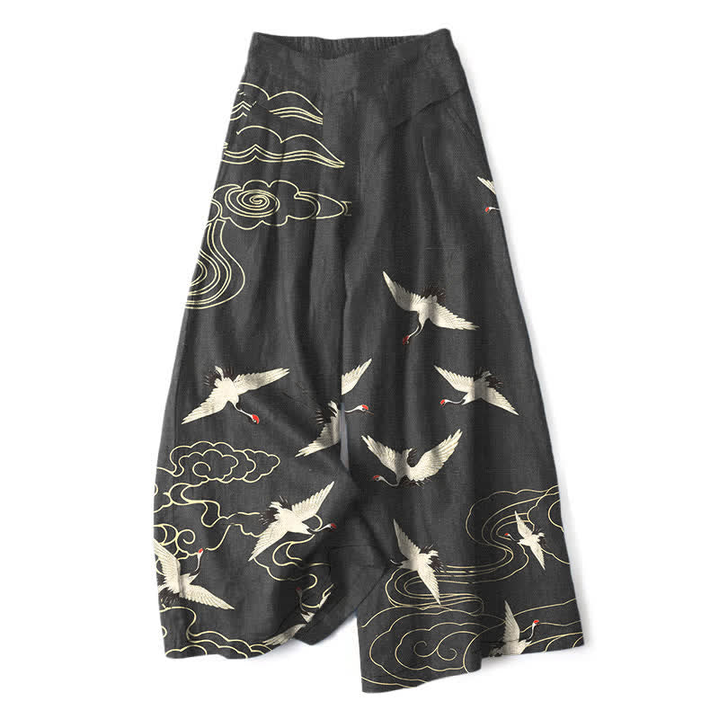 Buddha Stones Baumwoll-Leinen-Hose mit Kranich- und Wolkenmuster, Damenhose mit elastischem Bund, weitem Bein und Taschen - Schwarz - US16, UK/AU20, EU48 (3XL) - image 4