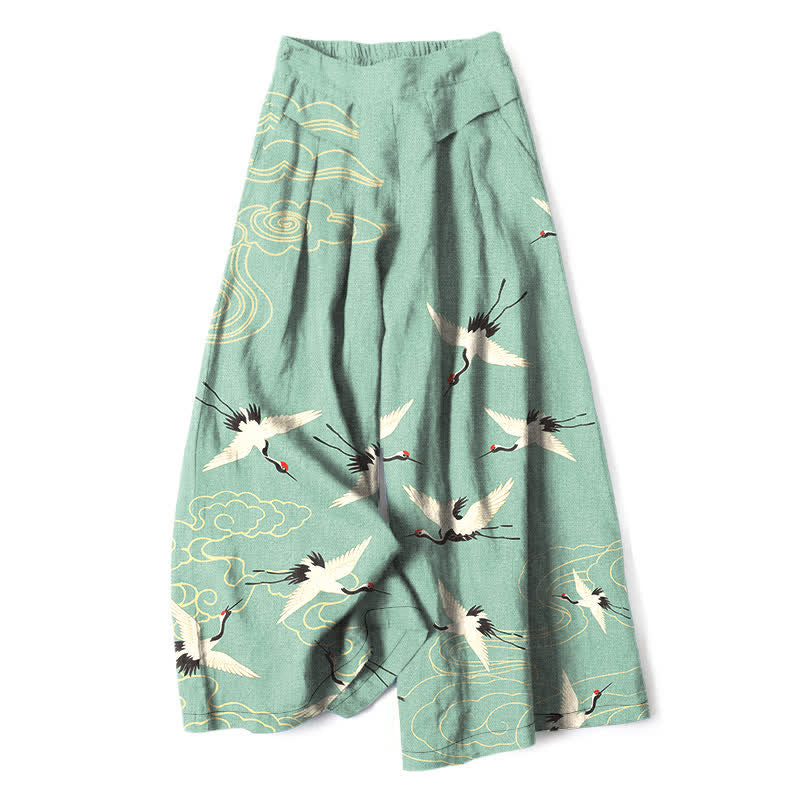 Buddha Stones Baumwoll-Leinen-Hose mit Kranich- und Wolkenmuster, Damenhose mit elastischem Bund, weitem Bein und Taschen - Mittel-Aquamarin - US16, UK/AU20, EU48 (3XL) - image 6