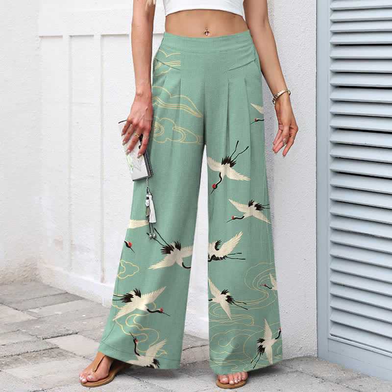 Buddha Stones Baumwoll-Leinen-Hose mit Kranich- und Wolkenmuster, Damenhose mit elastischem Bund, weitem Bein und Taschen - image 7