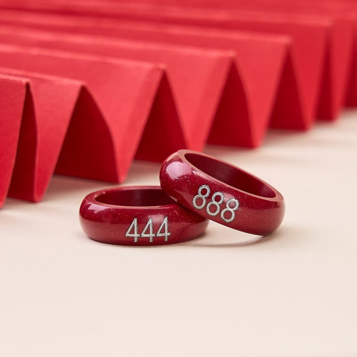 Buddha Stones Runder Ring aus Zinnober mit geschnitzter Engelszahl 444 und Engelszahl 888 – Segensring - image 0