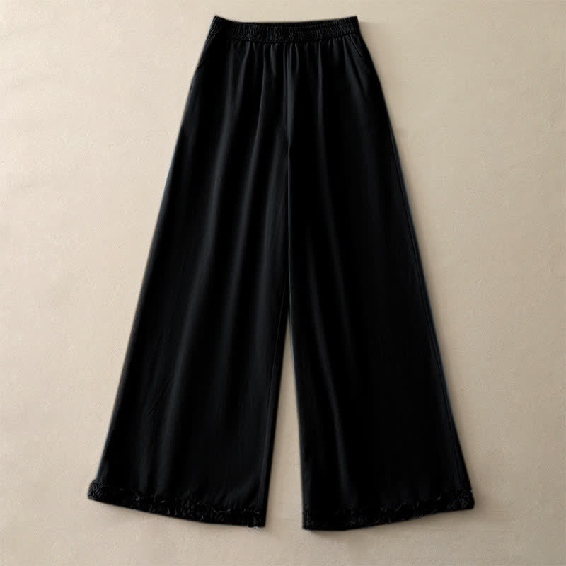 Buddha Stones Lässige, einfarbige Baumwollhose für Damen mit weitem Bein und Taschen, Rüschensaum und weitem Bein - image 19