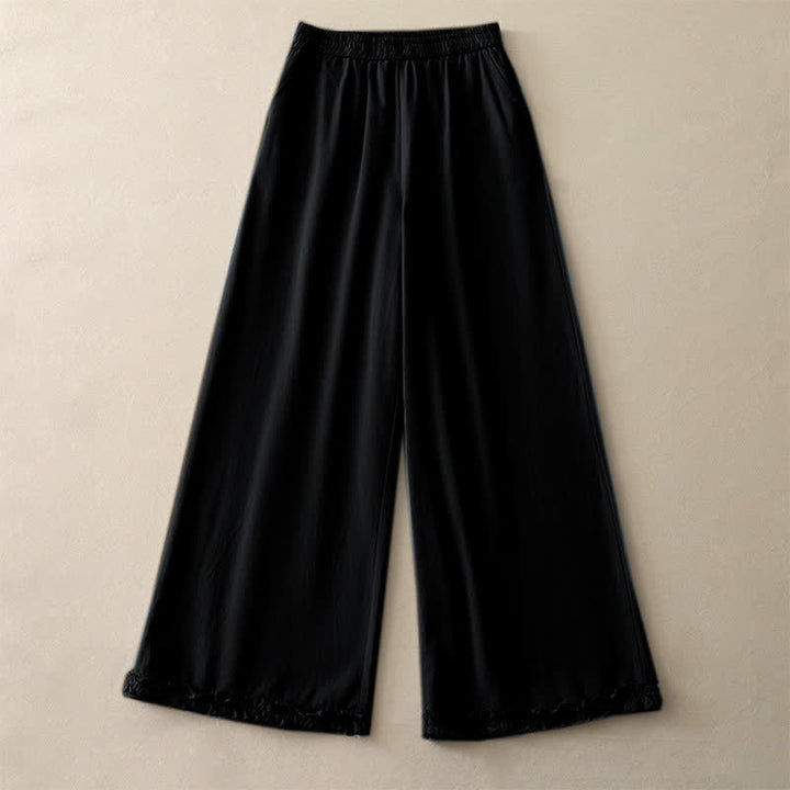 Buddha Stones Lässige, einfarbige Baumwollhose für Damen mit weitem Bein und Taschen, Rüschensaum und weitem Bein - image 19
