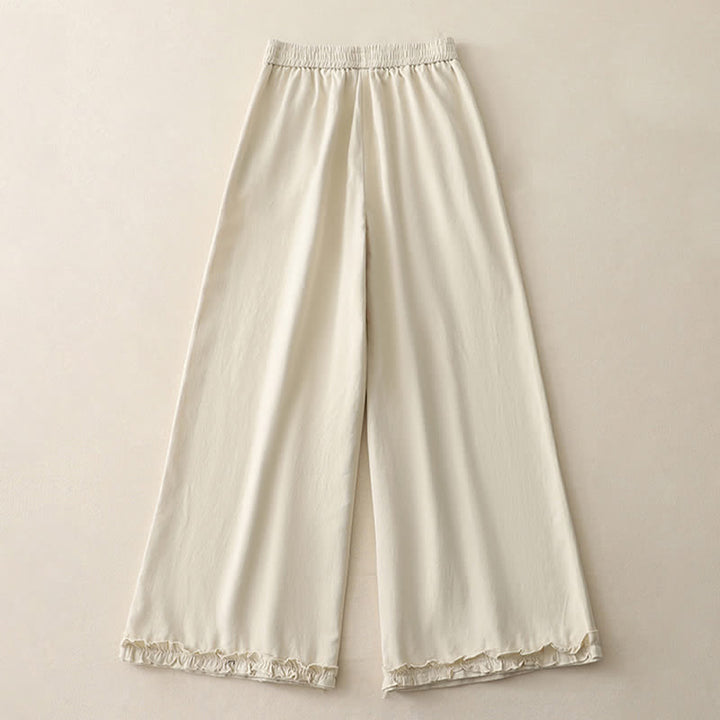 Buddha Stones Lässige, einfarbige Baumwollhose für Damen mit weitem Bein und Taschen, Rüschensaum und weitem Bein - image 6