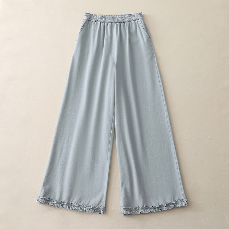 Buddha Stones Lässige, einfarbige Baumwollhose für Damen mit weitem Bein und Taschen, Rüschensaum und weitem Bein - image 0