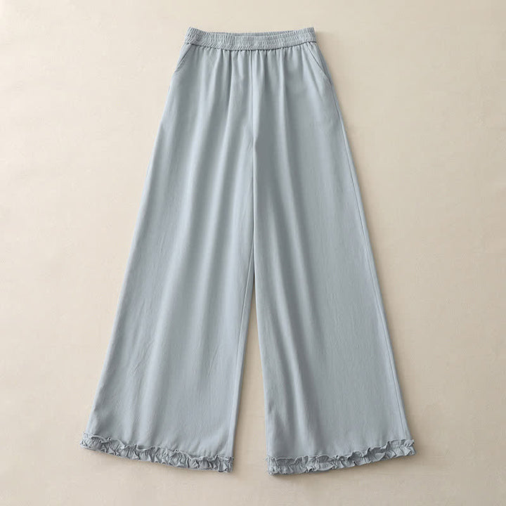 Buddha Stones Lässige, einfarbige Baumwollhose für Damen mit weitem Bein und Taschen, Rüschensaum und weitem Bein - image 1