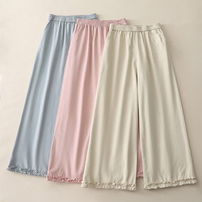 Buddha Stones Lässige, einfarbige Baumwollhose für Damen mit weitem Bein und Taschen, Rüschensaum und weitem Bein - image 0