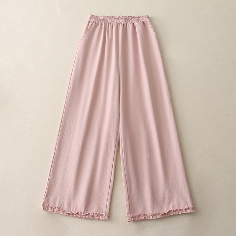 Buddha Stones Lässige, einfarbige Baumwollhose für Damen mit weitem Bein und Taschen, Rüschensaum und weitem Bein - image 14