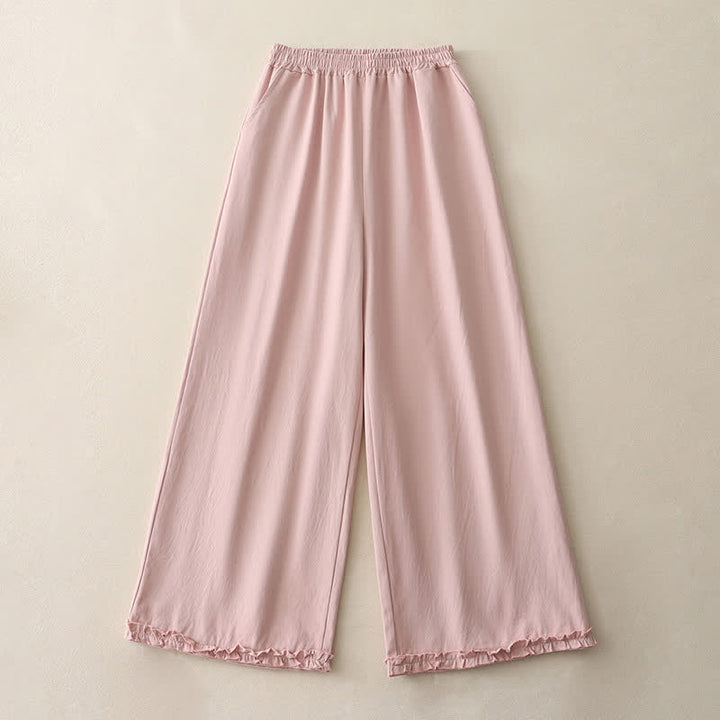 Buddha Stones Lässige, einfarbige Baumwollhose für Damen mit weitem Bein und Taschen, Rüschensaum und weitem Bein - image 14