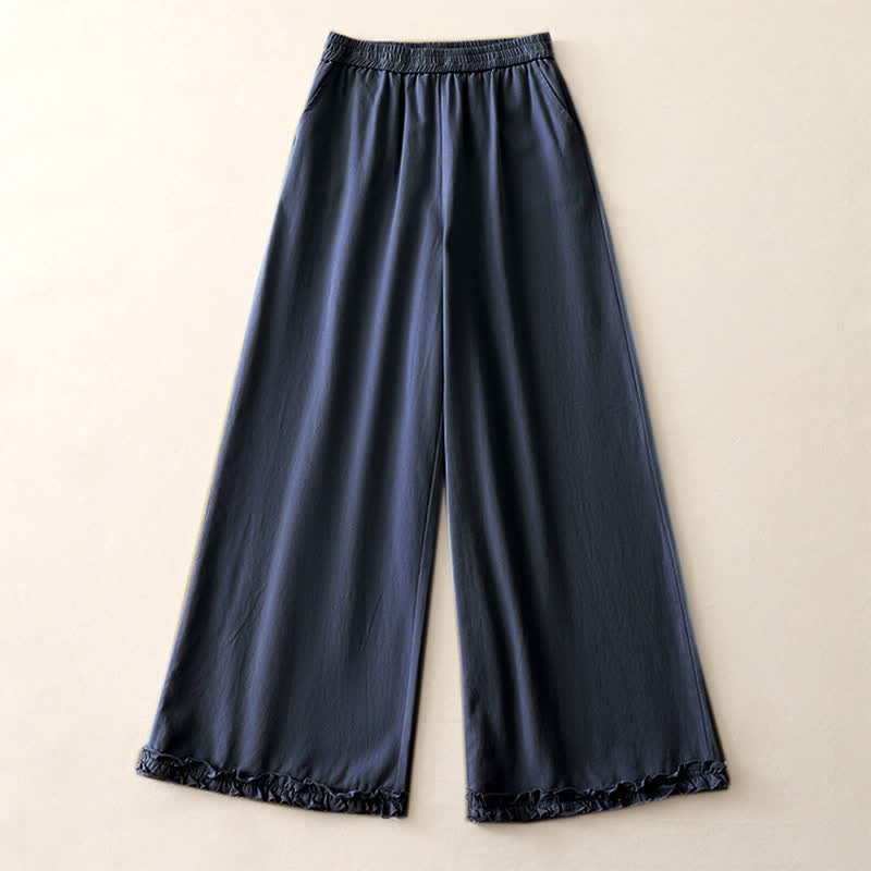 Buddha Stones Lässige, einfarbige Baumwollhose für Damen mit weitem Bein und Taschen, Rüschensaum und weitem Bein - image 18