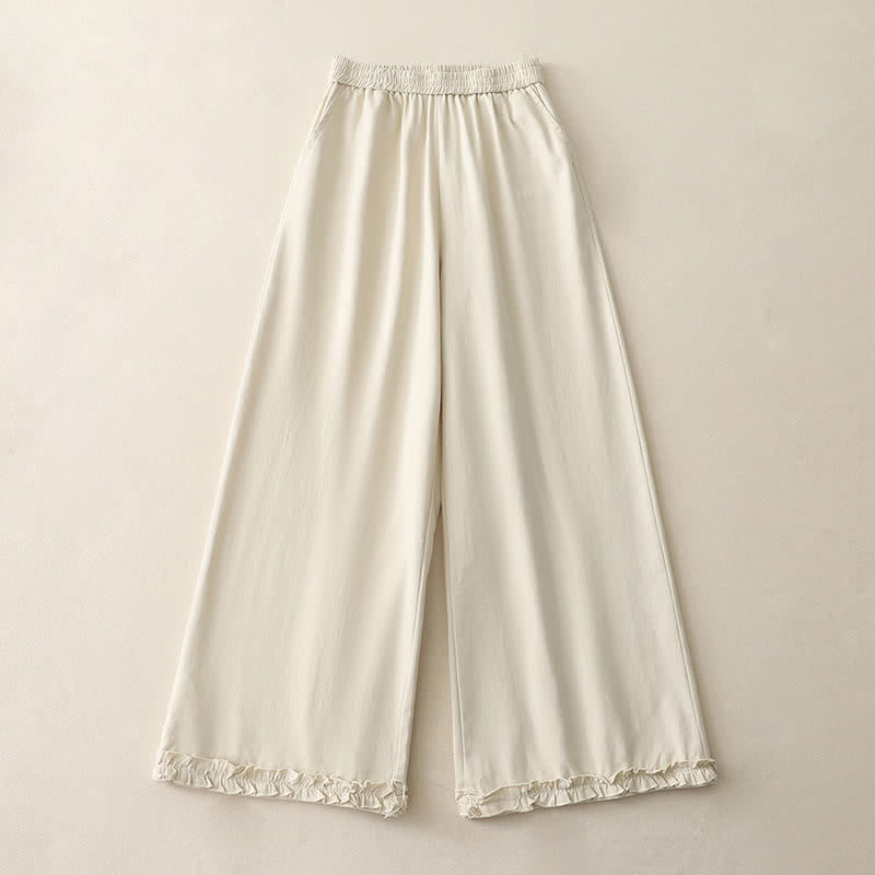 Buddha Stones Lässige, einfarbige Baumwollhose für Damen mit weitem Bein und Taschen, Rüschensaum und weitem Bein - Antikweiß - US12, UK/AU16, EU44 (2XL) - image 5