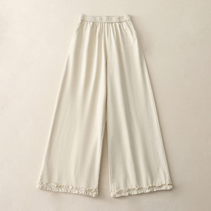 Buddha Stones Lässige, einfarbige Baumwollhose für Damen mit weitem Bein und Taschen, Rüschensaum und weitem Bein - Antikweiß - US12, UK/AU16, EU44 (2XL) - image 5