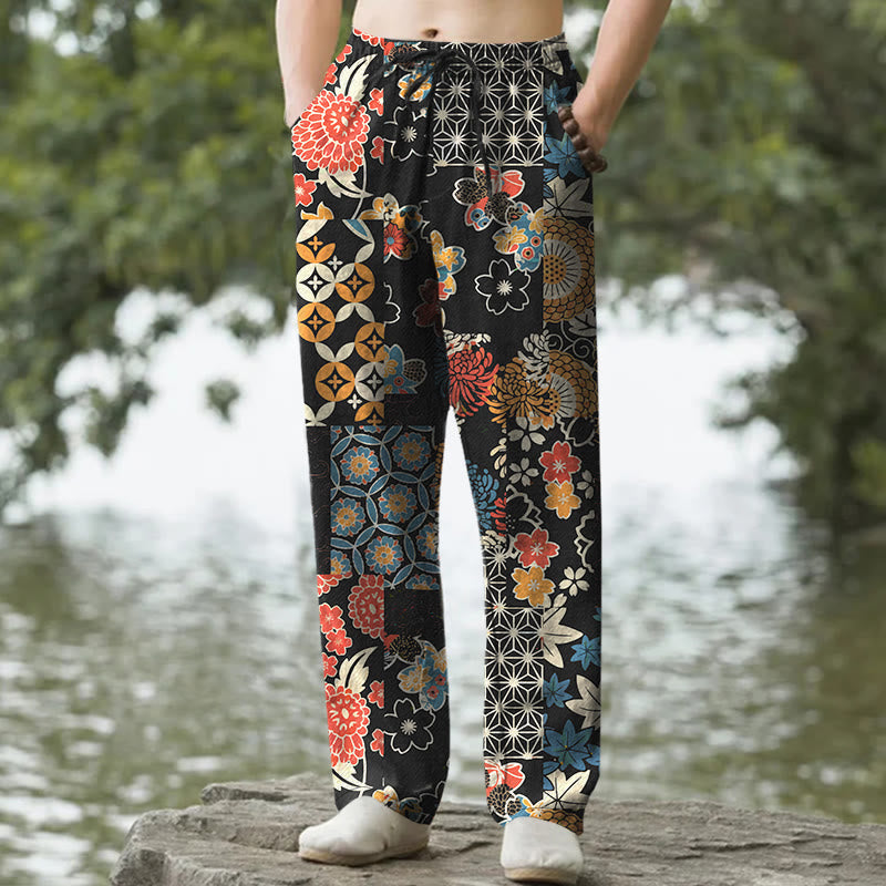 Buddha Stones Herrenhose aus Baumwolle mit böhmischem Blumen-Patchworkmuster, schmal zulaufend und mit Taschen - Schwarz - US/UK/AU50, EU60 (5XL) - image 0
