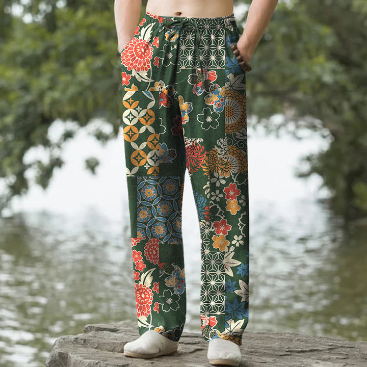 Buddha Stones Herrenhose aus Baumwolle mit böhmischem Blumen-Patchworkmuster, schmal zulaufend und mit Taschen - Waldgrün - US/UK/AU50, EU60 (5XL) - image 4