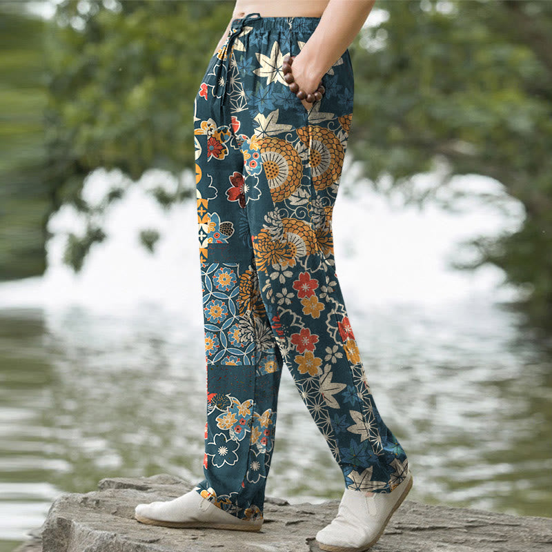 Buddha Stones Herrenhose aus Baumwolle mit böhmischem Blumen-Patchworkmuster, schmal zulaufend und mit Taschen - image 7