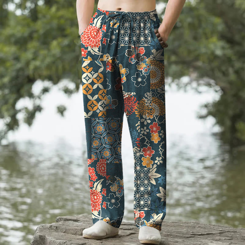 Buddha Stones Herrenhose aus Baumwolle mit böhmischem Blumen-Patchworkmuster, schmal zulaufend und mit Taschen - Türkis - US/UK/AU50, EU60 (5XL) - image 6