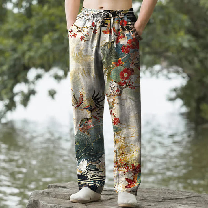Buddha Stones Weiße, schmal zulaufende Herrenhose aus Baumwolle mit Kranich-Wellenmuster und Taschen - Beige - US/ UK/AU50, EU60 (5XL) - image 0