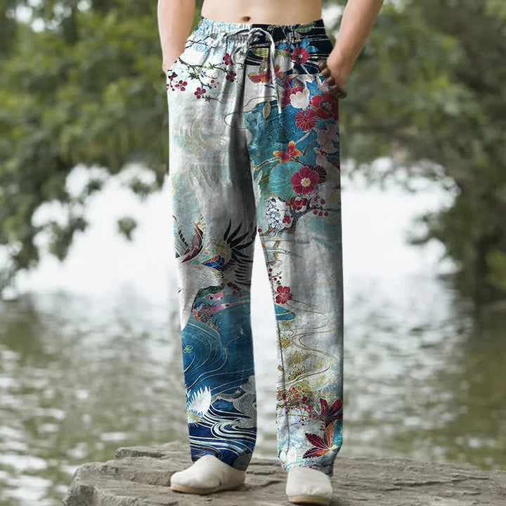 Buddha Stones Weiße, schmal zulaufende Herrenhose aus Baumwolle mit Kranich-Wellenmuster und Taschen - Türkis - US/ UK/AU50, EU60 (5XL) - image 4