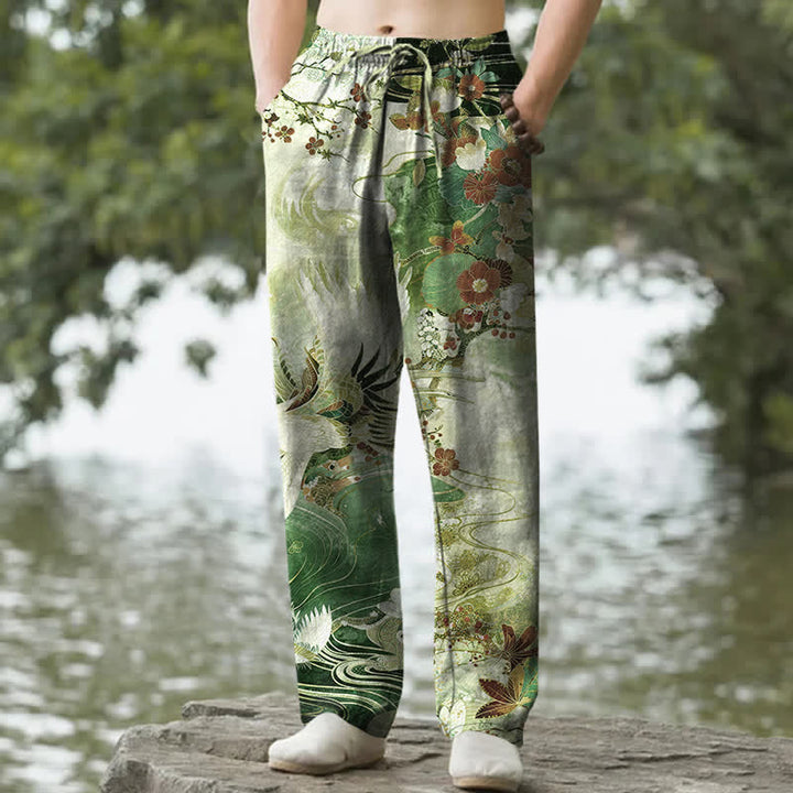 Buddha Stones Weiße, schmal zulaufende Herrenhose aus Baumwolle mit Kranich-Wellenmuster und Taschen - Waldgrün - US/ UK/AU50, EU60 (5XL) - image 6