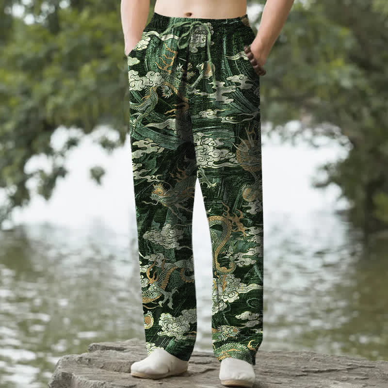 Buddha Stones Herrenhose aus Baumwolle mit Drachen- und Wolkenmuster, schmal zulaufend und mit Taschen - Waldgrün - US/ UK/AU50, EU60 (5XL) - image 6
