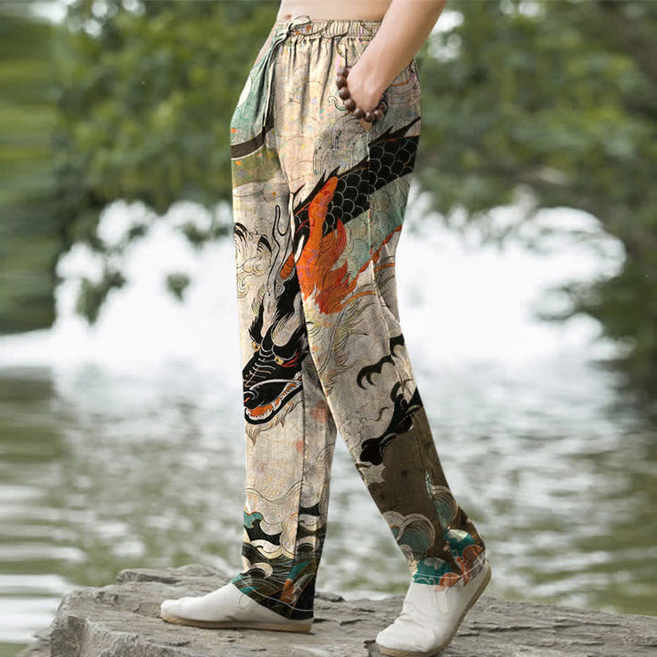 Buddha Stones Herrenhose aus Baumwolle mit orientalischem Drachenwellenmuster, schmal zulaufendem Schnitt und Taschen - image 1