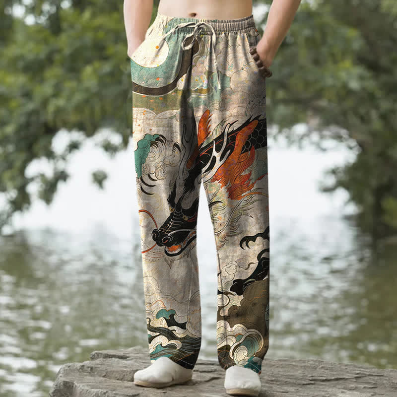 Buddha Stones Herrenhose aus Baumwolle mit orientalischem Drachenwellenmuster, schmal zulaufendem Schnitt und Taschen - Beige - US/ UK/AU50, EU60 (5XL) - image 0