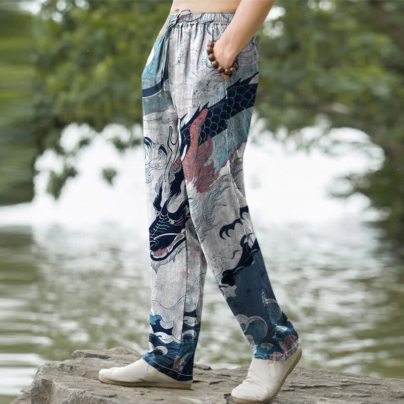 Buddha Stones Herrenhose aus Baumwolle mit orientalischem Drachenwellenmuster, schmal zulaufendem Schnitt und Taschen - image 5