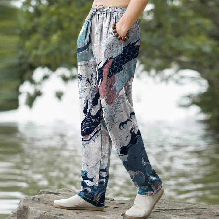 Buddha Stones Herrenhose aus Baumwolle mit orientalischem Drachenwellenmuster, schmal zulaufendem Schnitt und Taschen - image 5
