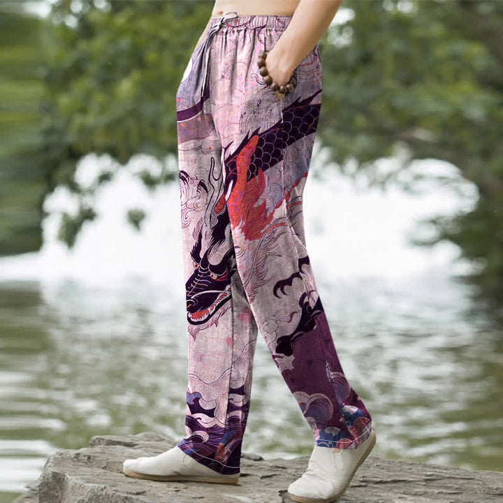 Buddha Stones Herrenhose aus Baumwolle mit orientalischem Drachenwellenmuster, schmal zulaufendem Schnitt und Taschen - image 7