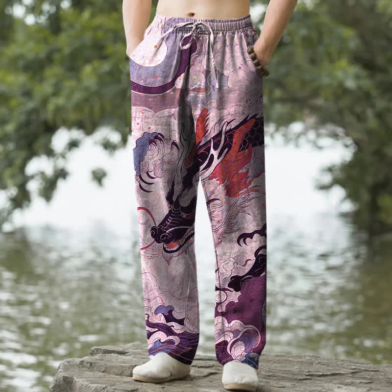 Buddha Stones Herrenhose aus Baumwolle mit orientalischem Drachenwellenmuster, schmal zulaufendem Schnitt und Taschen - Pflaume - US/ UK/AU50, EU60 (5XL) - image 6