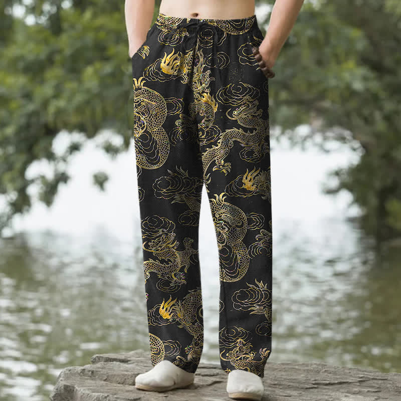 Buddha Stones Herren-Baumwollhose mit goldenem Drachen- und Wolkenmuster, schmal zulaufend und mit Taschen - Schwarz - US/ UK/AU50, EU60 (5XL) - image 0
