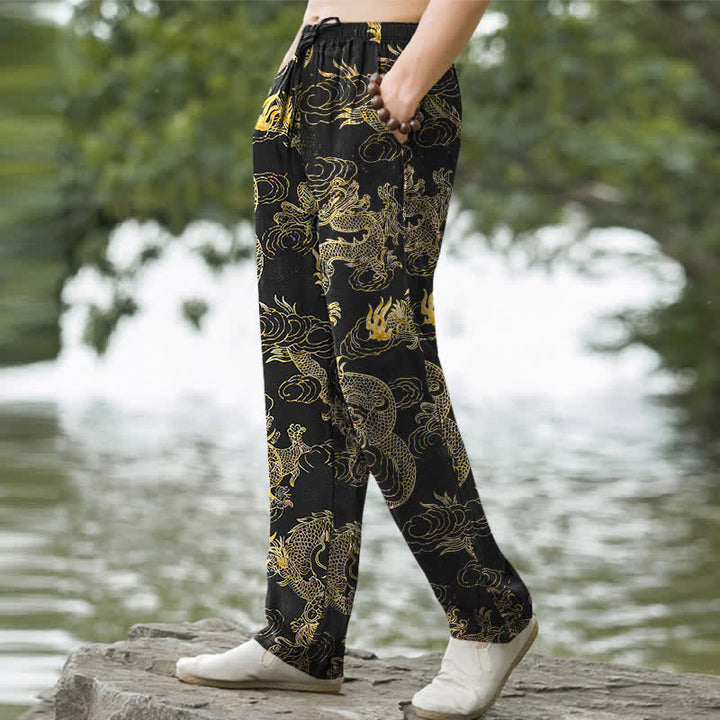 Buddha Stones Herren-Baumwollhose mit goldenem Drachen- und Wolkenmuster, schmal zulaufend und mit Taschen - image 1