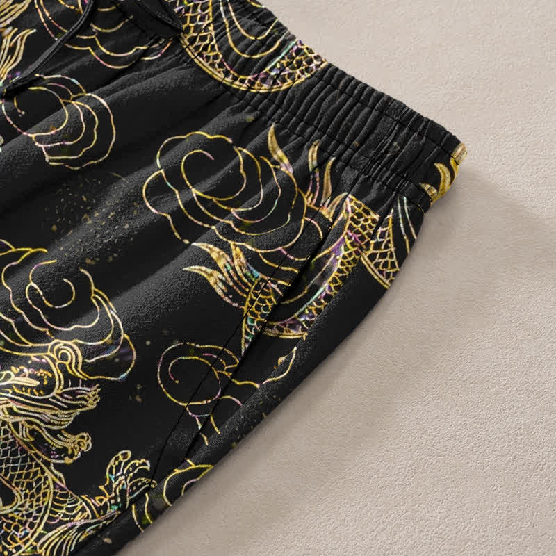 Buddha Stones Herren-Baumwollhose mit goldenem Drachen- und Wolkenmuster, schmal zulaufend und mit Taschen - image 3