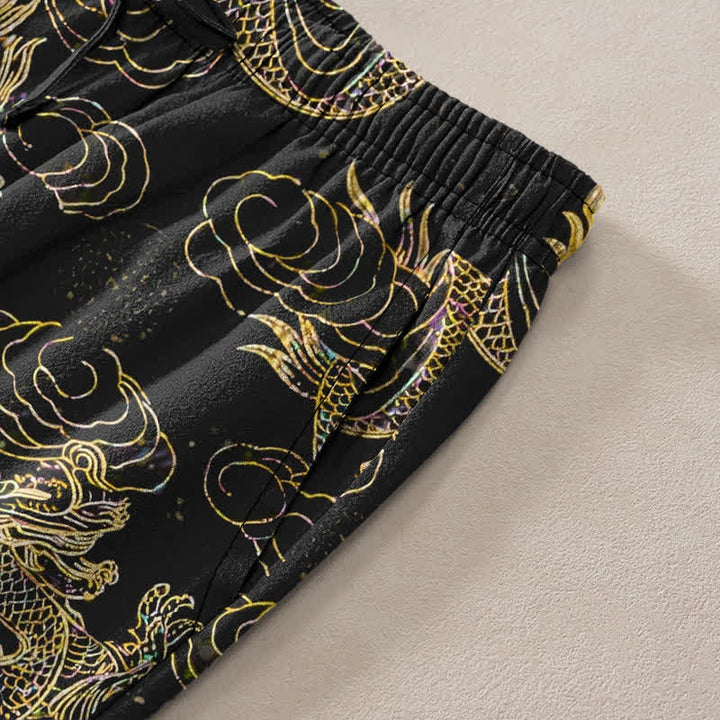 Buddha Stones Herren-Baumwollhose mit goldenem Drachen- und Wolkenmuster, schmal zulaufend und mit Taschen - image 3