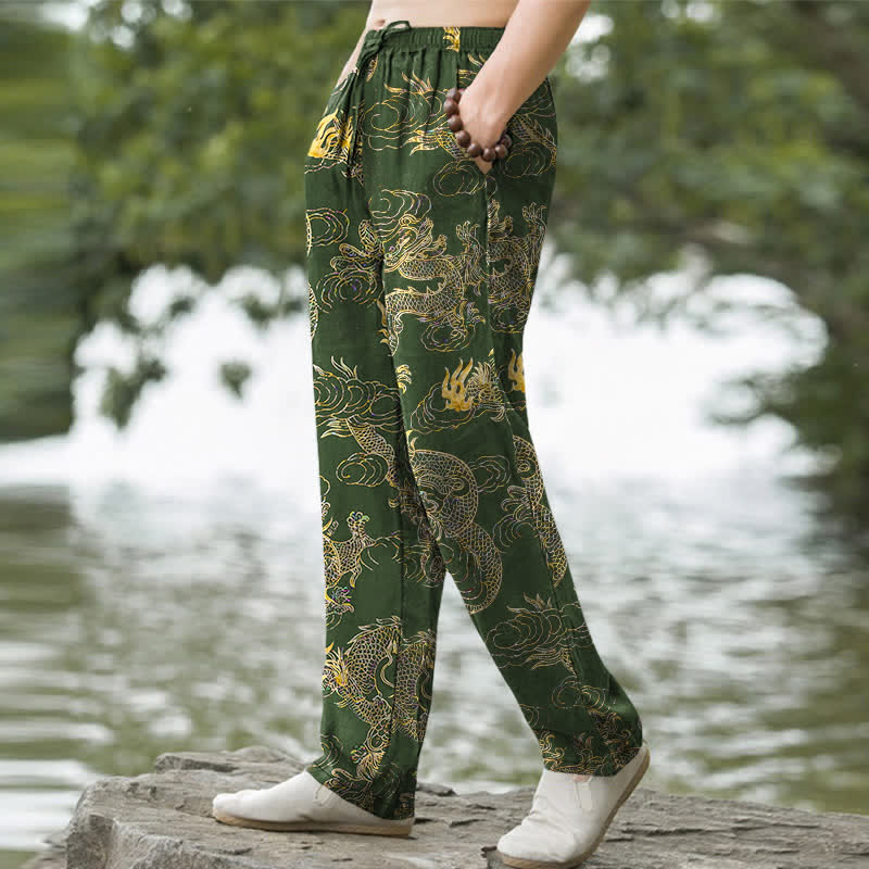 Buddha Stones Herren-Baumwollhose mit goldenem Drachen- und Wolkenmuster, schmal zulaufend und mit Taschen - image 5