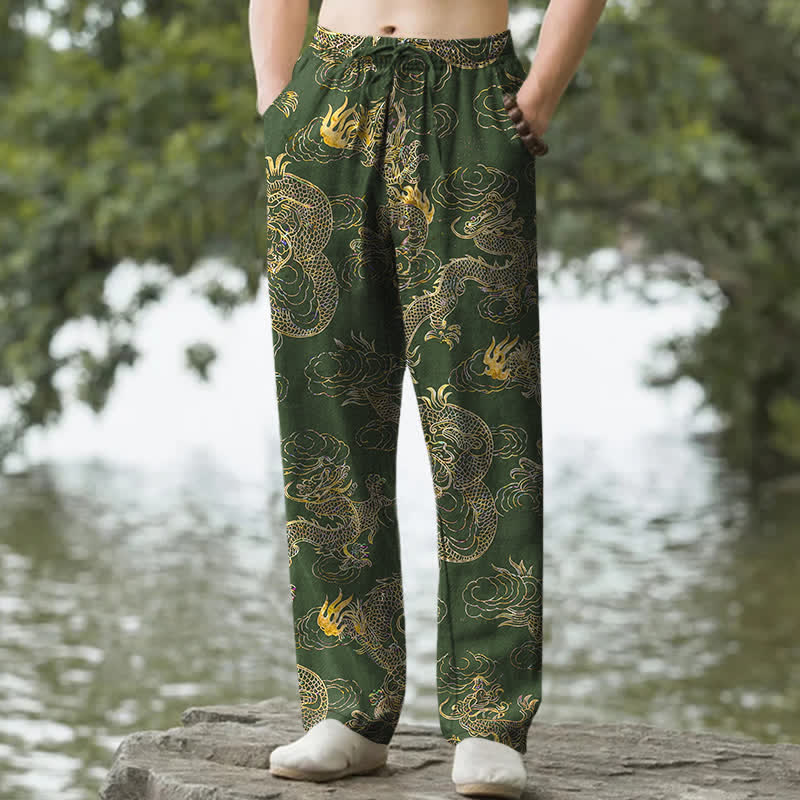 Buddha Stones Herren-Baumwollhose mit goldenem Drachen- und Wolkenmuster, schmal zulaufend und mit Taschen - Waldgrün - US/ UK/AU50, EU60 (5XL) - image 4