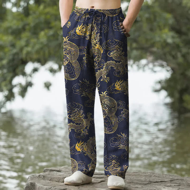 Buddha Stones Herren-Baumwollhose mit goldenem Drachen- und Wolkenmuster, schmal zulaufend und mit Taschen - Marine - US/ UK/AU50, EU60 (5XL) - image 6