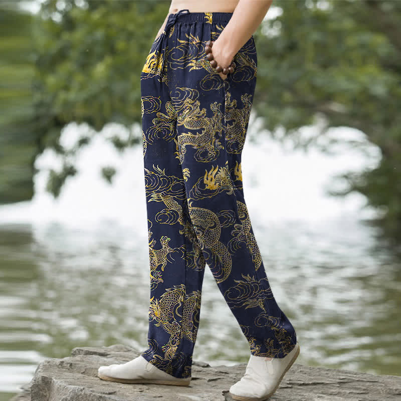Buddha Stones Herren-Baumwollhose mit goldenem Drachen- und Wolkenmuster, schmal zulaufend und mit Taschen - image 7