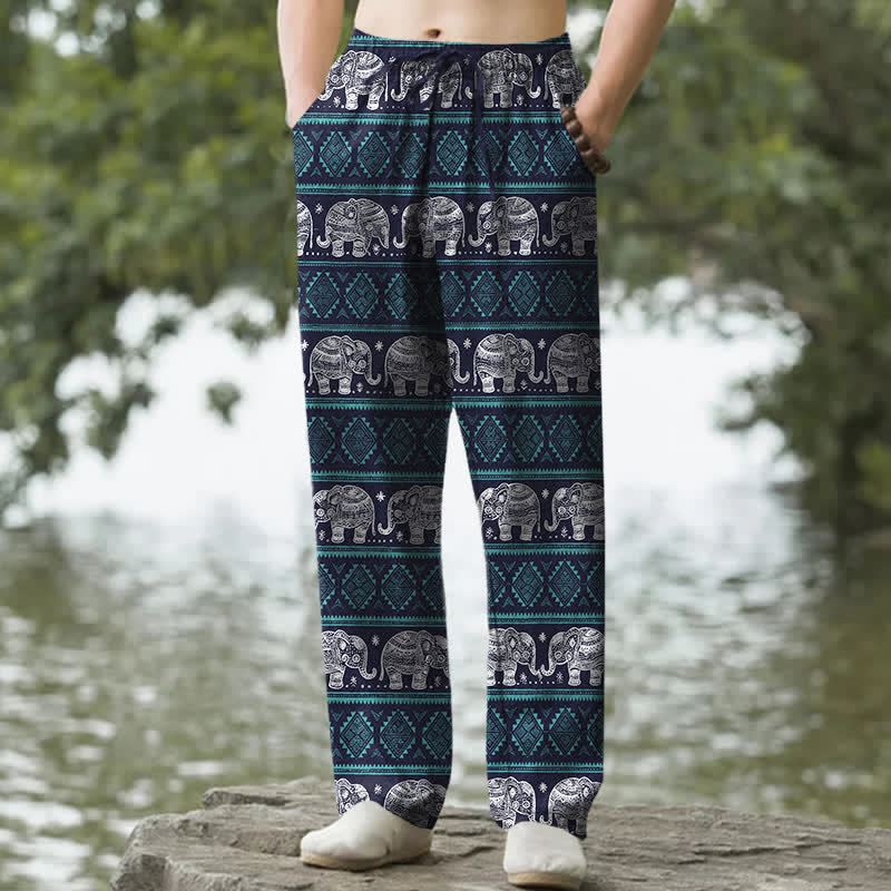 Buddha Stones Herrenhose aus Baumwolle mit geometrischem Elefantenstreifenmuster, schmal zulaufendem Schnitt und Taschen - Marine - US/UK/AU50, EU60 (5XL) - image 0