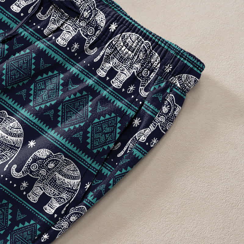 Buddha Stones Herrenhose aus Baumwolle mit geometrischem Elefantenstreifenmuster, schmal zulaufendem Schnitt und Taschen - image 3
