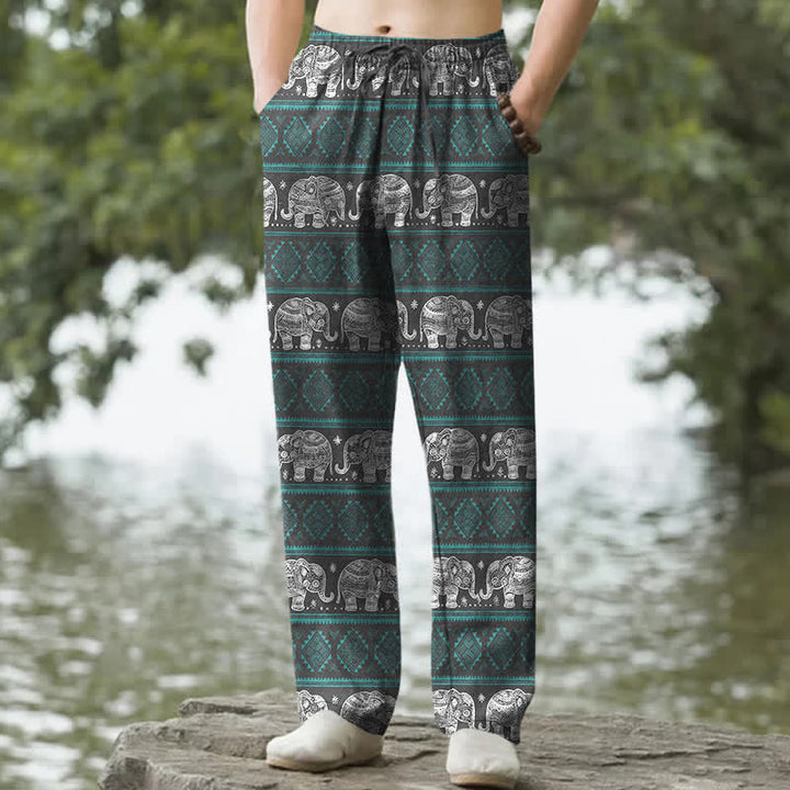 Buddha Stones Herrenhose aus Baumwolle mit geometrischem Elefantenstreifenmuster, schmal zulaufendem Schnitt und Taschen - Türkis - US/ UK/AU50, EU60 (5XL) - image 4