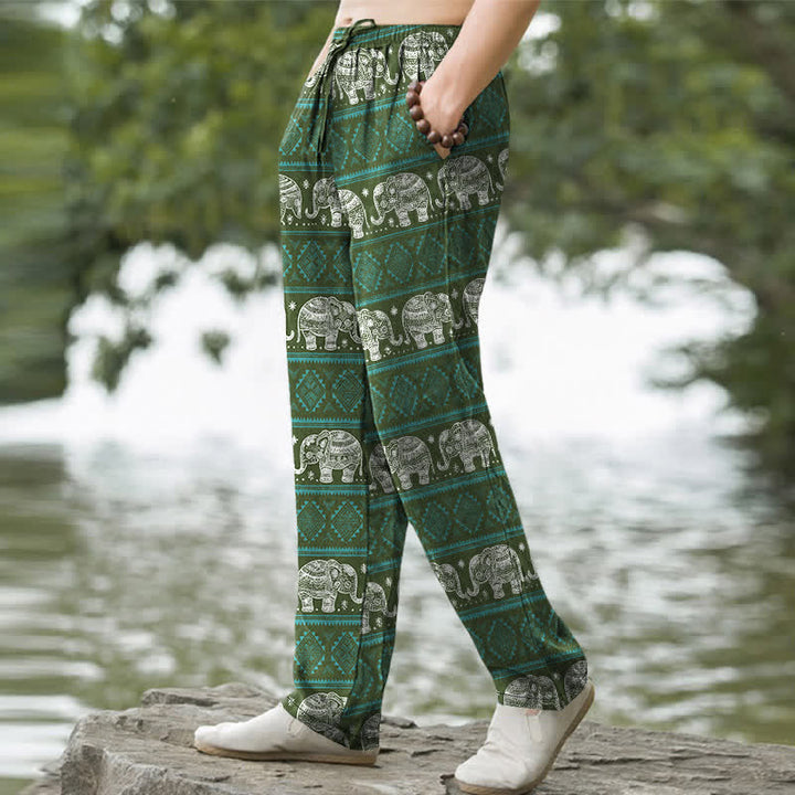 Buddha Stones Herrenhose aus Baumwolle mit geometrischem Elefantenstreifenmuster, schmal zulaufendem Schnitt und Taschen - image 7