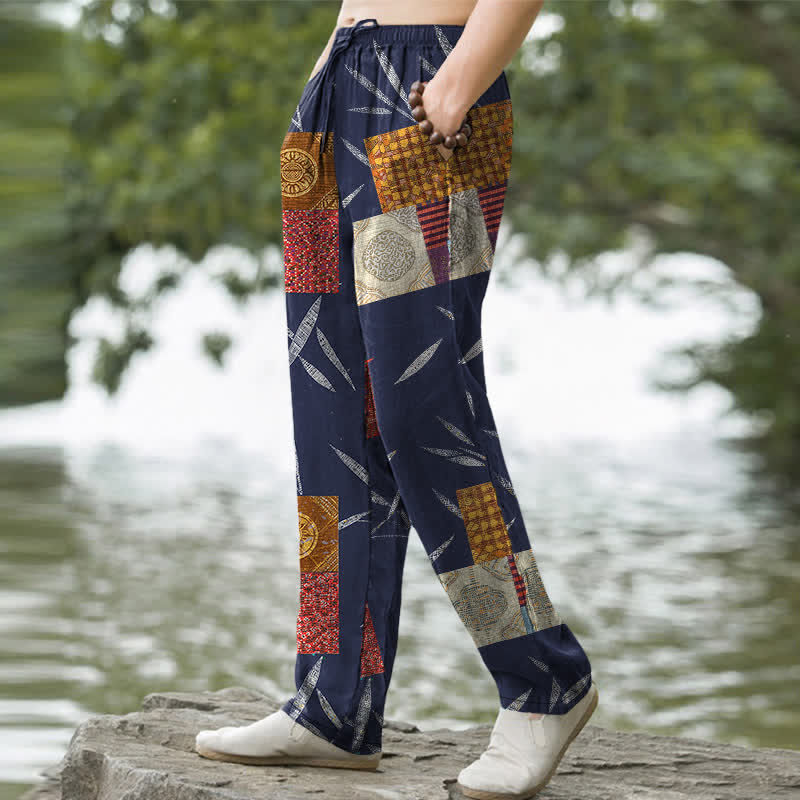Buddha Stones Herrenhose aus Baumwolle mit böhmischem Patchwork-Blattmuster, schmal zulaufend und mit Taschen - image 1