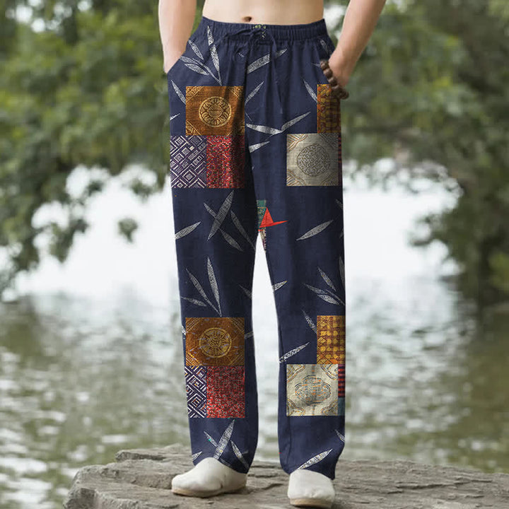 Buddha Stones Herrenhose aus Baumwolle mit böhmischem Patchwork-Blattmuster, schmal zulaufend und mit Taschen - Marine - US/ UK/AU50, EU60 (5XL) - image 0