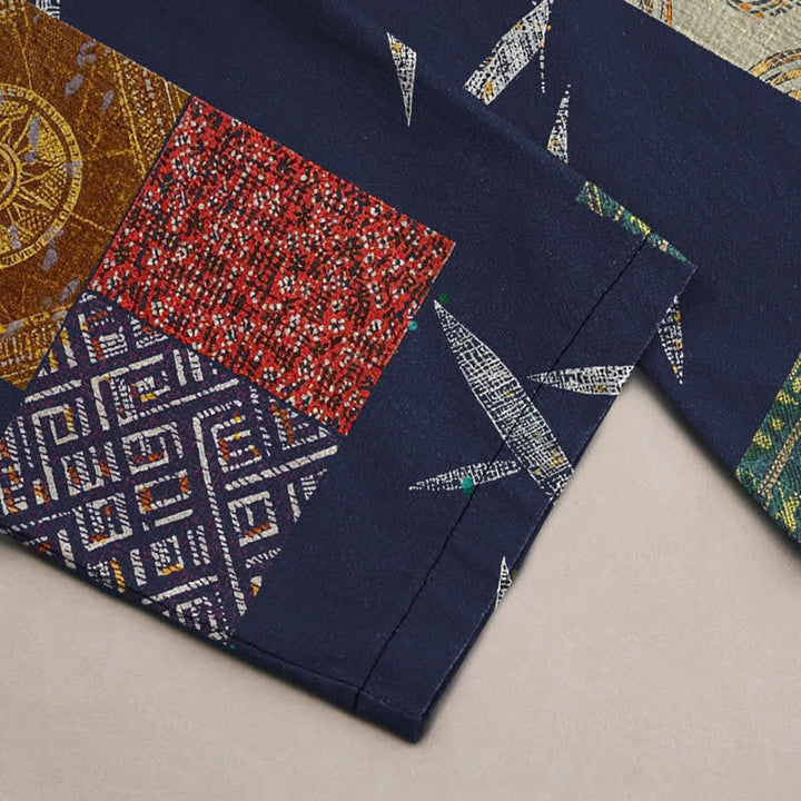 Buddha Stones Herrenhose aus Baumwolle mit böhmischem Patchwork-Blattmuster, schmal zulaufend und mit Taschen - image 2