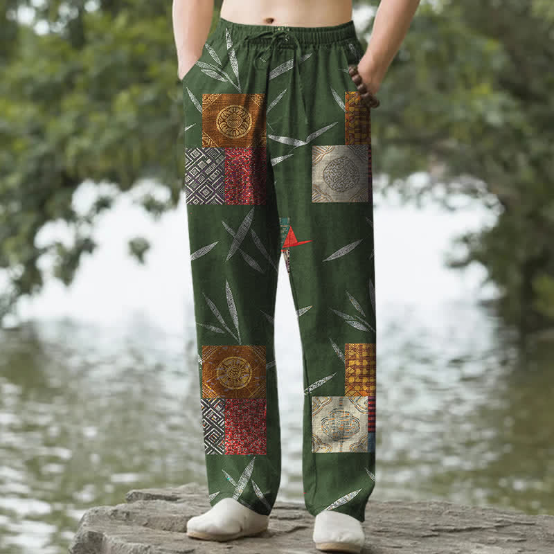 Buddha Stones Herrenhose aus Baumwolle mit böhmischem Patchwork-Blattmuster, schmal zulaufend und mit Taschen - Waldgrün - US/ UK/AU50, EU60 (5XL) - image 4