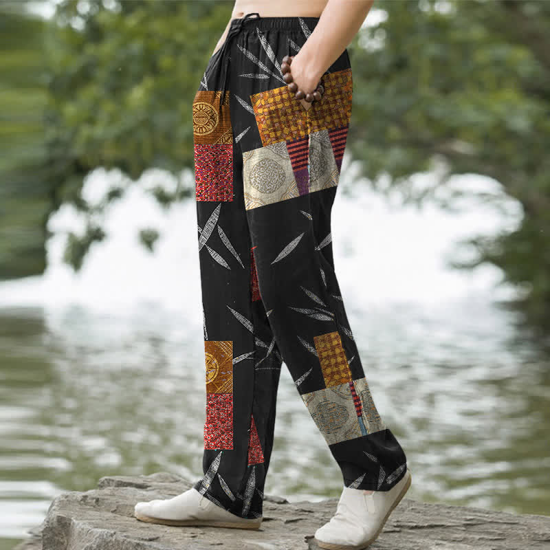Buddha Stones Herrenhose aus Baumwolle mit böhmischem Patchwork-Blattmuster, schmal zulaufend und mit Taschen - image 7